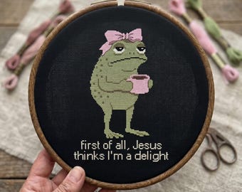 Funny Frog Cross Stitch Pattern, First Of All Jesus Thinks I'm a Delight Needlepoint, Instant Download