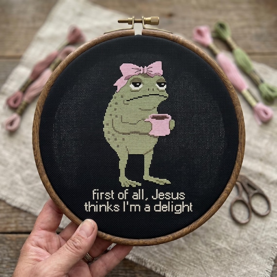 Funny Frog Cross Stitch Pattern, First Of All Jesus Thinks I'm a Delight Needlepoint, Instant Download