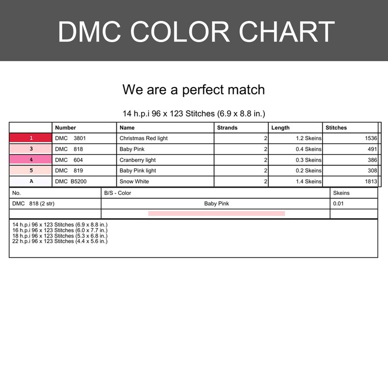 Puede incluir: Una tabla de colores DMC para punto de cruz que muestra una tabla con n&uacute;meros de hilo, nombres, n&uacute;mero de hebras, longitudes de madejas y n&uacute;mero de puntadas. El texto incluye 'DMC COLOR CHART', 'We are a perfect match' y dimensiones en pulgadas.