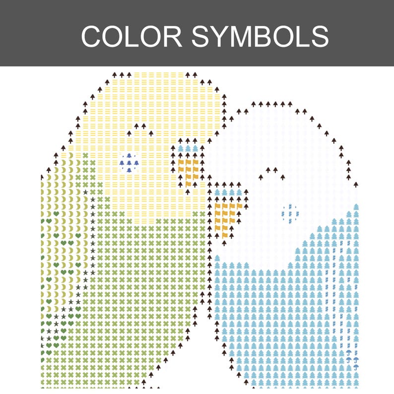 K&ouml;nnte beinhalten: Ein Kreuzstichmuster mit der &Uuml;berschrift COLOR SYMBOLS, das zwei Wellensittiche zeigt, die mit dunkelbraunen Symbolen umrandet sind. Der linke Vogel nutzt gelbe, gr&uuml;ne und Herz-Symbole, der rechte hellblaue Tannenbaum- und Raute-Symbole.