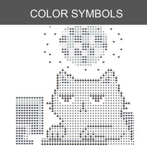Puede incluir: Un patr&oacute;n de punto de cruz titulado COLOR SYMBOLS que muestra la silueta de un gato compuesta por varios iconos como tazas de caf&eacute;, corazones y la letra a. Sobre el gato hay una forma circular hecha de estrellas, corazones y flechas.