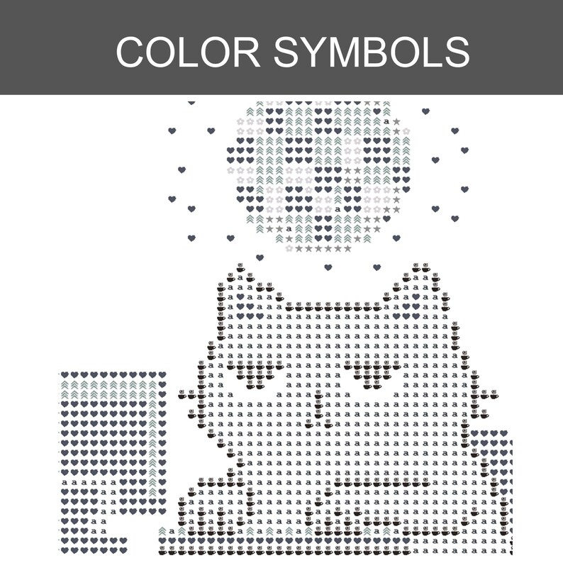 Puede incluir: Un patr&oacute;n de punto de cruz titulado COLOR SYMBOLS que muestra la silueta de un gato compuesta por varios iconos como tazas de caf&eacute;, corazones y la letra a. Sobre el gato hay una forma circular hecha de estrellas, corazones y flechas.