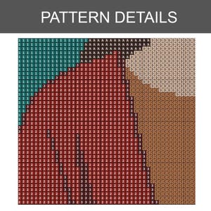 K&ouml;nnte beinhalten: Nahaufnahme eines pixeligen Musters mit dem Text "PATTERN DETAILS" oben. Das Muster zeigt verschiedene Farben, darunter T&uuml;rkis, Rot, Braun und Beige, in einer rasterartigen Struktur angeordnet. Das Design ist ein detaillierter Ausschnitt eines gr&ouml;&szlig;eren Bildes.