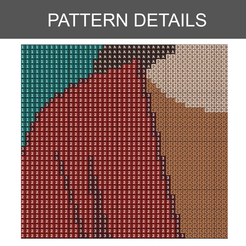 K&ouml;nnte beinhalten: Nahaufnahme eines pixeligen Musters mit dem Text "PATTERN DETAILS" oben. Das Muster zeigt verschiedene Farben, darunter T&uuml;rkis, Rot, Braun und Beige, in einer rasterartigen Struktur angeordnet. Das Design ist ein detaillierter Ausschnitt eines gr&ouml;&szlig;eren Bildes.