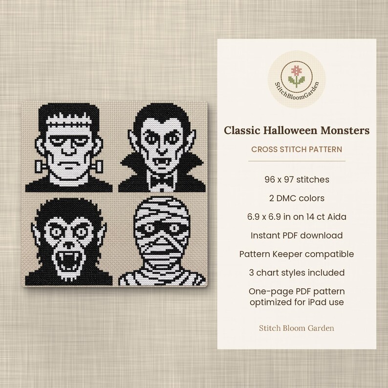 Puede incluir: Un patr&oacute;n de punto de cruz titulado Classic Halloween Monsters con retratos pixelados en blanco y negro de Frankenstein, un vampiro, un hombre lobo y una momia. El texto incluye 96 x 97 puntadas, 2 colores DMC y 17,5 x 17,5 cm en Aida 14 ct.