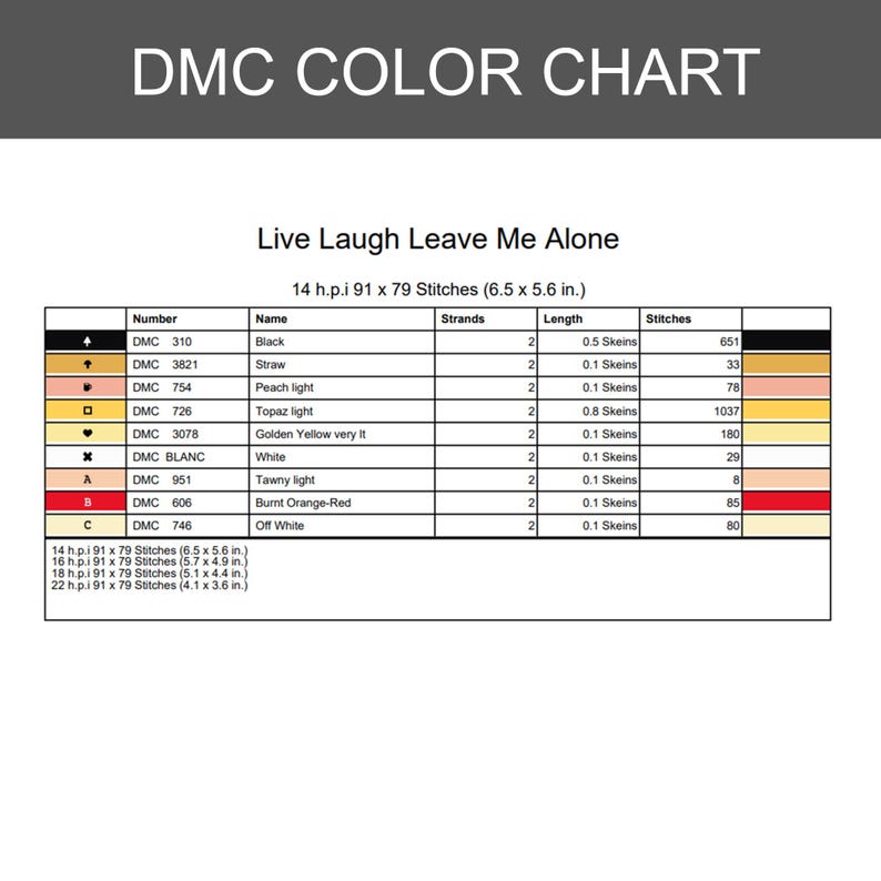 K&ouml;nnte beinhalten: Eine DMC-Farbkarte f&uuml;r ein Kreuzstichmuster mit dem Titel Live Laugh Leave Me Alone. Die Tabelle listet Garnnummern, Namen, Stranganzahl, L&auml;ngen in Str&auml;ngen und Stichanzahl f&uuml;r Farben wie Schwarz, Stroh, Pfirsich, Topas und Rot auf.