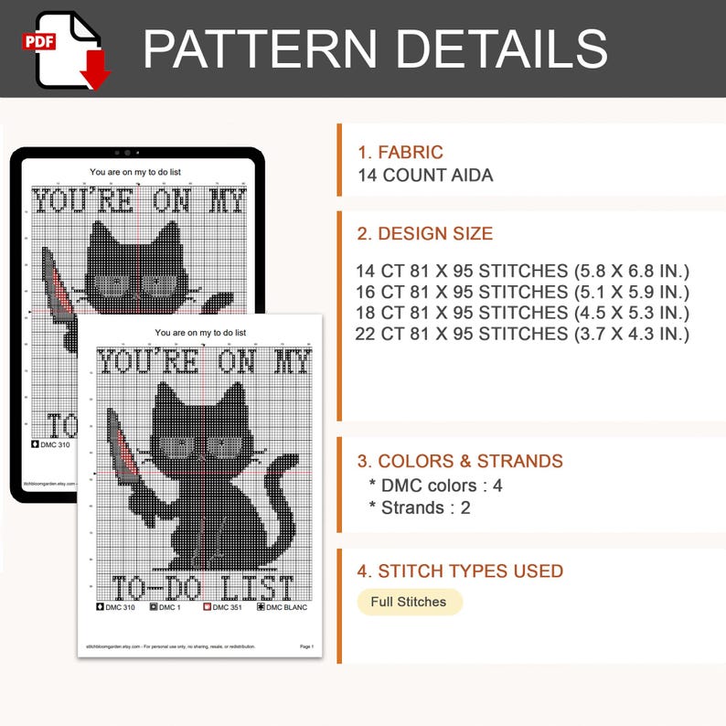 Pu&ograve; includere: Un modello di punto croce in PDF intitolato You are on my to-do list con un gatto nero che tiene un coltello. I dettagli includono tela Aida 14 count, dimensioni del disegno da 14,7 x 17,3 cm a 9,4 x 10,9 cm, 4 colori DMC e punti pieni.