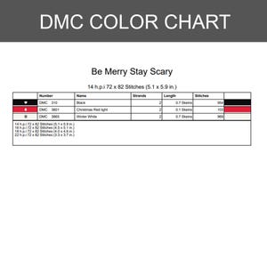 K&ouml;nnte beinhalten: Eine DMC-Farbkarte f&uuml;r ein Kreuzstichmuster mit dem Titel Be Merry Stay Scary. Die Tabelle listet DMC 310 Schwarz, 3801 Weihnachtsrot hell und 3865 Winterwei&szlig; mit Stranganzahl, Strangl&auml;ngen und Stichanzahl f&uuml;r 14 h.p.i 72 x 82 Stiche auf.