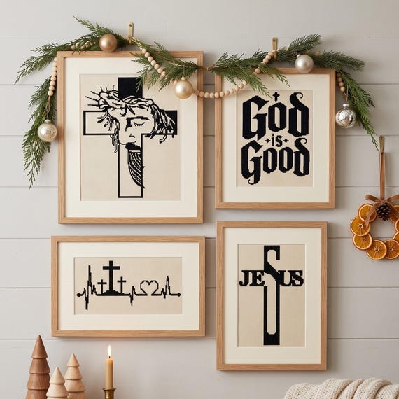Christian Cross Stitch Pattern Bundle PDF | Jesus Cross Heartbeat God is Good Needlepoint | Minimalist Religious Faith Craft Download