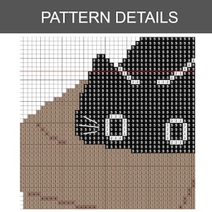 Peut inclure: Un diagramme de point de croix avec le texte "PATTERN DETAILS" en haut. Le diagramme pr&eacute;sente une grille avec divers symboles et chiffres, dont le chiffre "5" et le chiffre "2", en noir et marron.