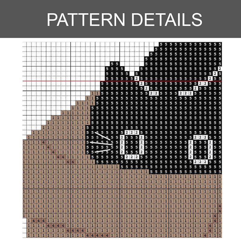 Peut inclure: Un diagramme de point de croix avec le texte "PATTERN DETAILS" en haut. Le diagramme pr&eacute;sente une grille avec divers symboles et chiffres, dont le chiffre "5" et le chiffre "2", en noir et marron.