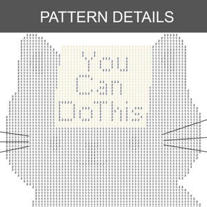 May include: Pixelated image of a cat's face, made up of numbers and symbols. The text "PATTERN DETAILS" is at the top. The cat's face is white with black whiskers and a gray background. The image is a pixel art design.