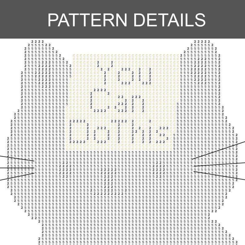 May include: Pixelated image of a cat's face, made up of numbers and symbols. The text "PATTERN DETAILS" is at the top. The cat's face is white with black whiskers and a gray background. The image is a pixel art design.