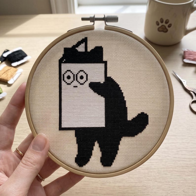 May include: A circular wooden embroidery hoop containing a cross-stitch design on cream-colored fabric. The design features a black cat silhouette holding a large white rectangular object with a simple black outline and two circular eyes.