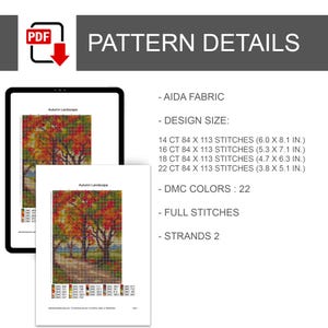 Puede incluir: Un patr&oacute;n de punto de cruz digital titulado Autumn Landscape mostrado en una tableta y una p&aacute;gina impresa. Los detalles incluyen tela Aida, 22 colores DMC, puntos completos, 2 hebras y tama&ntilde;os de dise&ntilde;o para tela de 14, 16, 18 y 22 count en pulgadas.