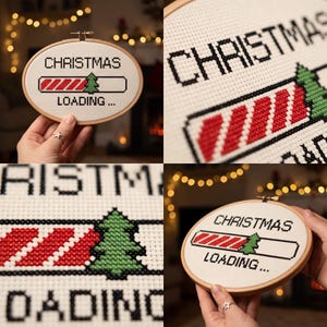 Pu&ograve; includere: Un telaio da ricamo ovale in legno contenente un disegno a punto croce su tessuto bianco. Il testo recita CHRISTMAS LOADING con una barra di caricamento a strisce diagonali rosse e una piccola icona di un pino verde alla fine.