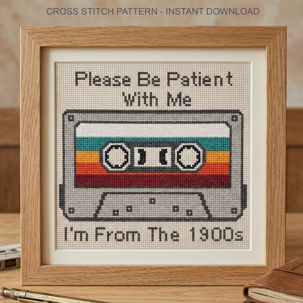 Retro Cassette Tape Cross Stitch Pattern | Funny 1900s Quote (PDF Pattern)
