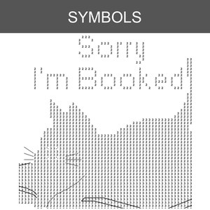 May include: A black and white pattern chart labeled SYMBOLS at the top. The design features the text Sorry I'm Booked formed by the number 2, positioned above a stylized cat silhouette composed of repeating numbers 2 and 3 with line art whiskers.