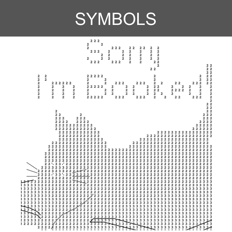 May include: A black and white pattern chart labeled SYMBOLS at the top. The design features the text Sorry I'm Booked formed by the number 2, positioned above a stylized cat silhouette composed of repeating numbers 2 and 3 with line art whiskers.