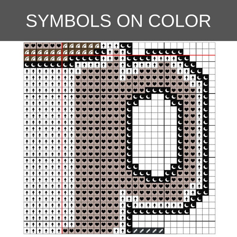 Puede incluir: Un patr&oacute;n de punto de cruz etiquetado como SYMBOLS ON COLOR que muestra una cuadr&iacute;cula con la forma de la letra D. El dise&ntilde;o utiliza un fondo marr&oacute;n claro relleno de corazones negros, delineado por iconos de lunas y flechas negras sobre blanco.