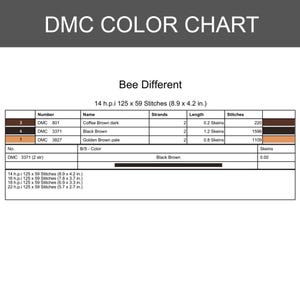 May include: A DMC color chart titled Bee Different featuring a table with thread numbers 801, 3371, and 3827. The chart lists colors as Coffee Brown dark, Black Brown, and Golden Brown pale, including strand counts, stitch counts, and skein lengths.