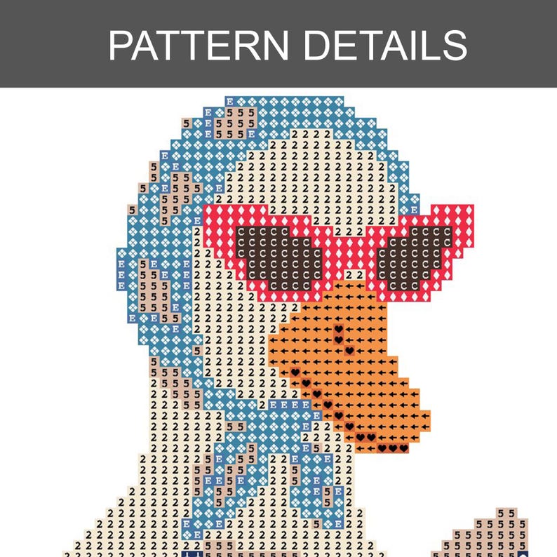 May include: A cross-stitch pattern with the text "PATTERN DETAILS" at the top. The pattern depicts a pixelated duck wearing sunglasses. The duck is orange, blue, and red, with black accents.