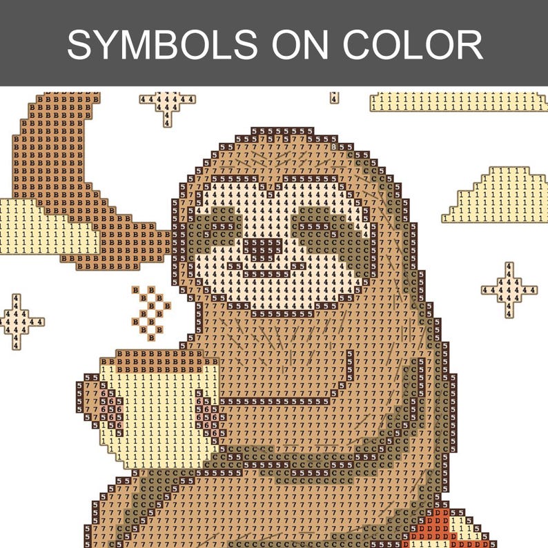 May include: A diamond painting pattern featuring a sloth holding a mug, with the text SYMBOLS ON COLOR at the top. The design includes a crescent moon, stars, and clouds, all composed of a grid of squares filled with numbers and letters for color coding.