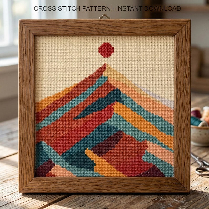 Modern Mountain Cross Stitch Pattern, Landscape Embroidery, Instant Download PDF image 1