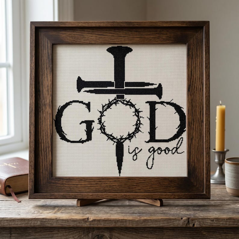 Gud är god korsstygnsmönster, religiöst handarbete (PDF-nedladdning) bild 1