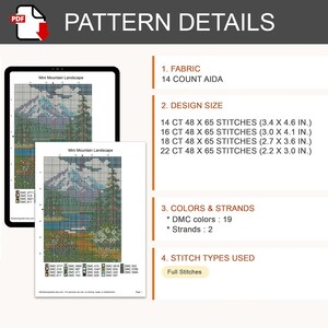 Puede incluir: Un patr&oacute;n de punto de cruz digital titulado Mini Mountain Landscape, que muestra una cuadr&iacute;cula con s&iacute;mbolos y colores. Los detalles incluyen tela Aida de 14 count, tama&ntilde;os en pulgadas, 19 colores DMC, 2 hebras y puntos completos.