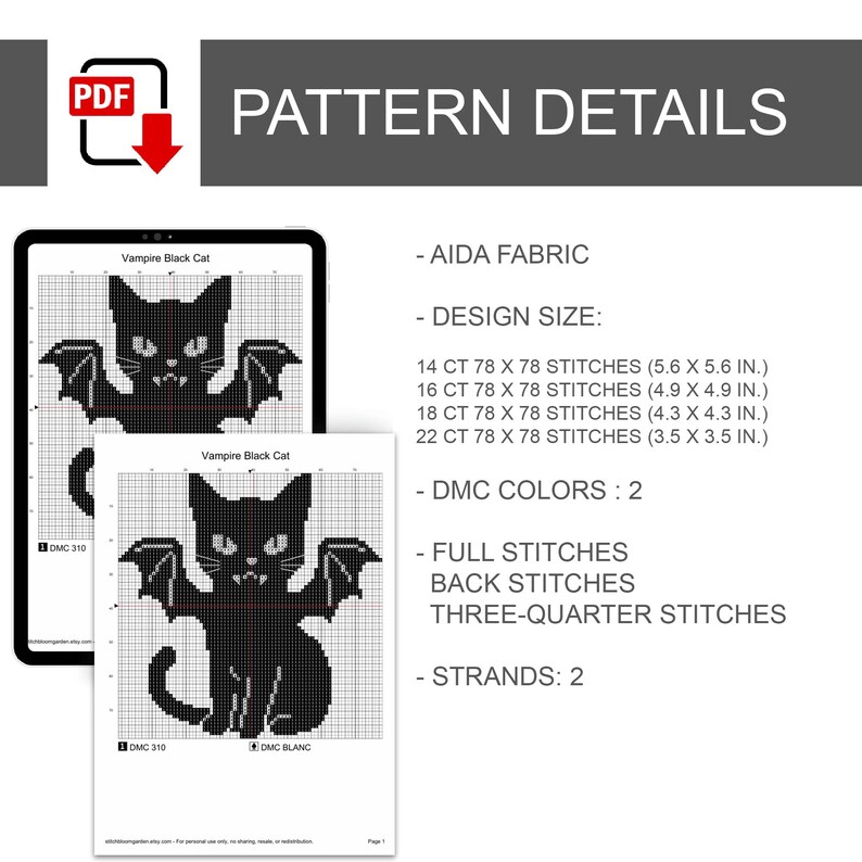 Patrón de punto de cruz de gato vampiro, gato murciélago espeluznante, decoración gótica de Halloween (descarga en PDF) imagen 3