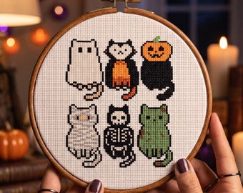 Halloween Cats Costume Cross Stitch Pattern, Ghost Vampire Pumpkin Mummy Skeleton Zombie Kitty Needlepoint Chart, Instant Download