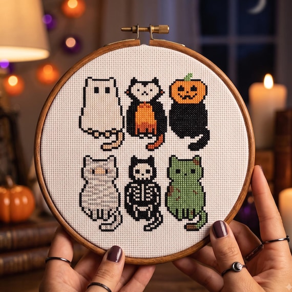 Halloween Cats Costume Cross Stitch Pattern, Ghost Vampire Pumpkin Mummy Skeleton Zombie Kitty Needlepoint Chart, Instant Download