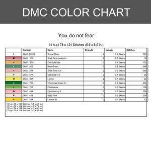 May include: A DMC colour chart for cross-stitch featuring the text 'You do not fear'. The table lists DMC thread numbers, colour names like Snow White and Lemon, strand counts, skein lengths, and stitch counts for a 5.6 by 8.9 inch design.