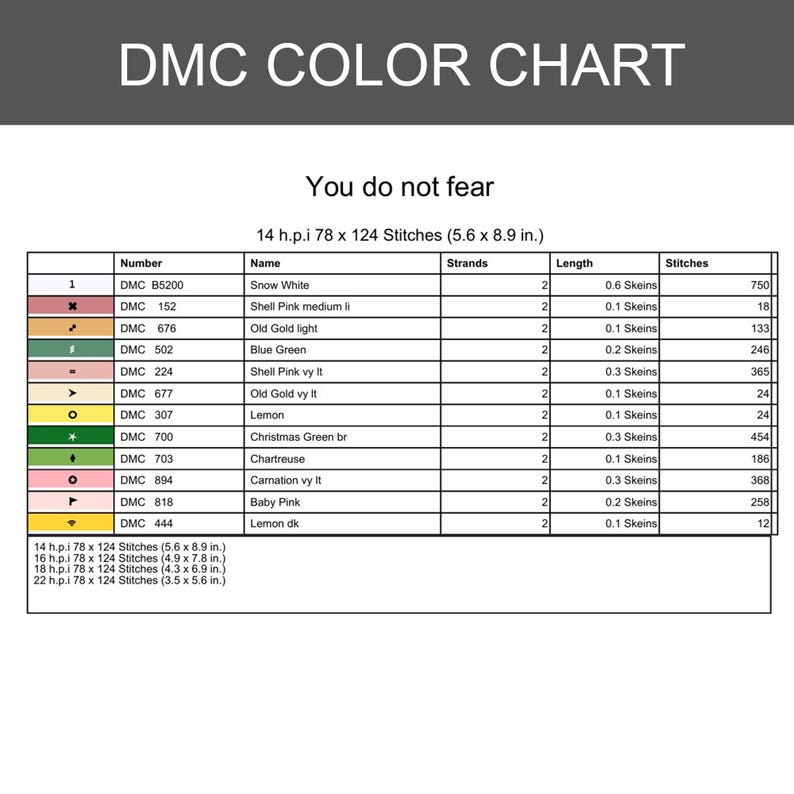 May include: A DMC colour chart for cross-stitch featuring the text 'You do not fear'. The table lists DMC thread numbers, colour names like Snow White and Lemon, strand counts, skein lengths, and stitch counts for a 5.6 by 8.9 inch design.