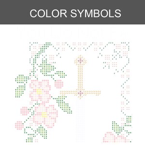 May include: A cross-stitch pattern chart titled COLOR SYMBOLS featuring a floral design with pink flowers, yellow centres, and green leaves, alongside a central vertical sword-like shape composed of tan and light brown symbols on a white grid.