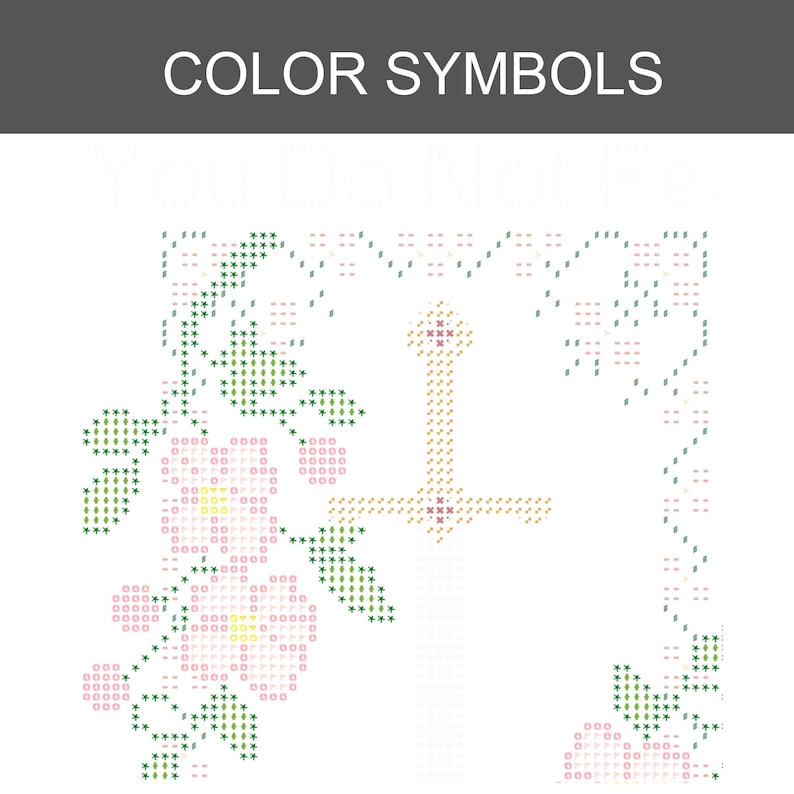May include: A cross-stitch pattern chart titled COLOR SYMBOLS featuring a floral design with pink flowers, yellow centres, and green leaves, alongside a central vertical sword-like shape composed of tan and light brown symbols on a white grid.
