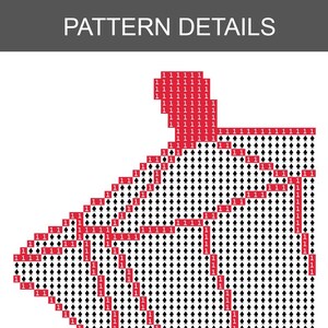 K&ouml;nnte beinhalten: Ein Kreuzstichmuster mit der &Uuml;berschrift PATTERN DETAILS, das ein Raster aus schwarzen Pik-Symbolen und roten Bl&ouml;cken mit der Zahl 1 zeigt. Das Design pr&auml;sentiert eine geometrische Anordnung roter und schwarzer Symbole auf wei&szlig;em Grund.