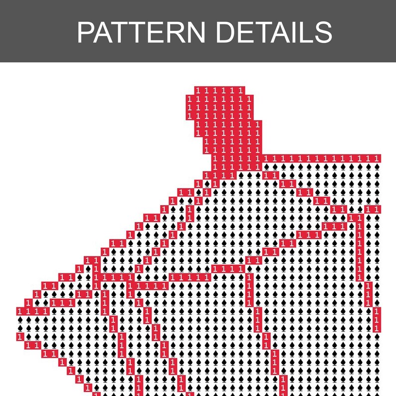 K&ouml;nnte beinhalten: Ein Kreuzstichmuster mit der &Uuml;berschrift PATTERN DETAILS, das ein Raster aus schwarzen Pik-Symbolen und roten Bl&ouml;cken mit der Zahl 1 zeigt. Das Design pr&auml;sentiert eine geometrische Anordnung roter und schwarzer Symbole auf wei&szlig;em Grund.