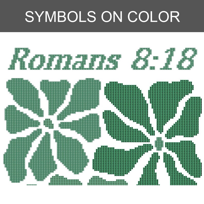 May include: A graphic design with the text "SYMBOLS ON COLOR" at the top. Below, the text "Romans 8:18" is displayed above two green flower illustrations on a white background. The flowers have a pixelated appearance.