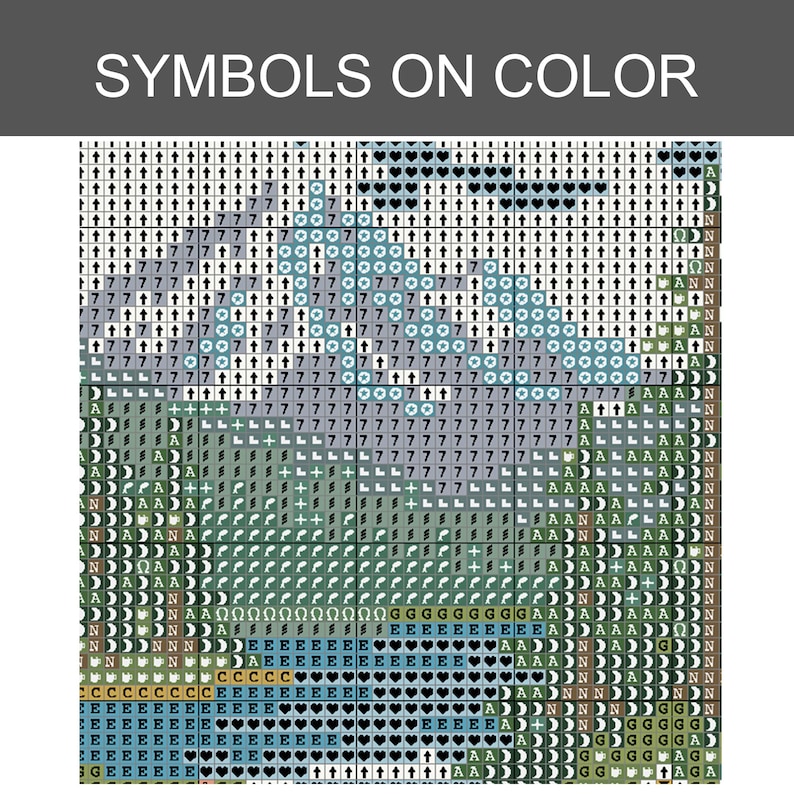 Puede incluir: Un patr&oacute;n de punto de cruz titulado SYMBOLS ON COLOR, que consiste en una cuadr&iacute;cula de cuadrados rellenos con varios s&iacute;mbolos como flechas, letras y formas en tonos azules, verdes y marrones, representando un dise&ntilde;o de paisaje.