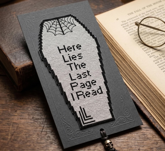 Gothic Cross Stitch Bookmark Pattern, Here Lies The Last Page I Read, Funny Halloween Bookmark, Instant Download