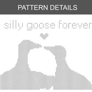 May include: A black and white graphic with the text "PATTERN DETAILS" at the top. Below, the phrase "silly goose forever" is written in a dotted font. A heart and two figures are also formed with dotted patterns.