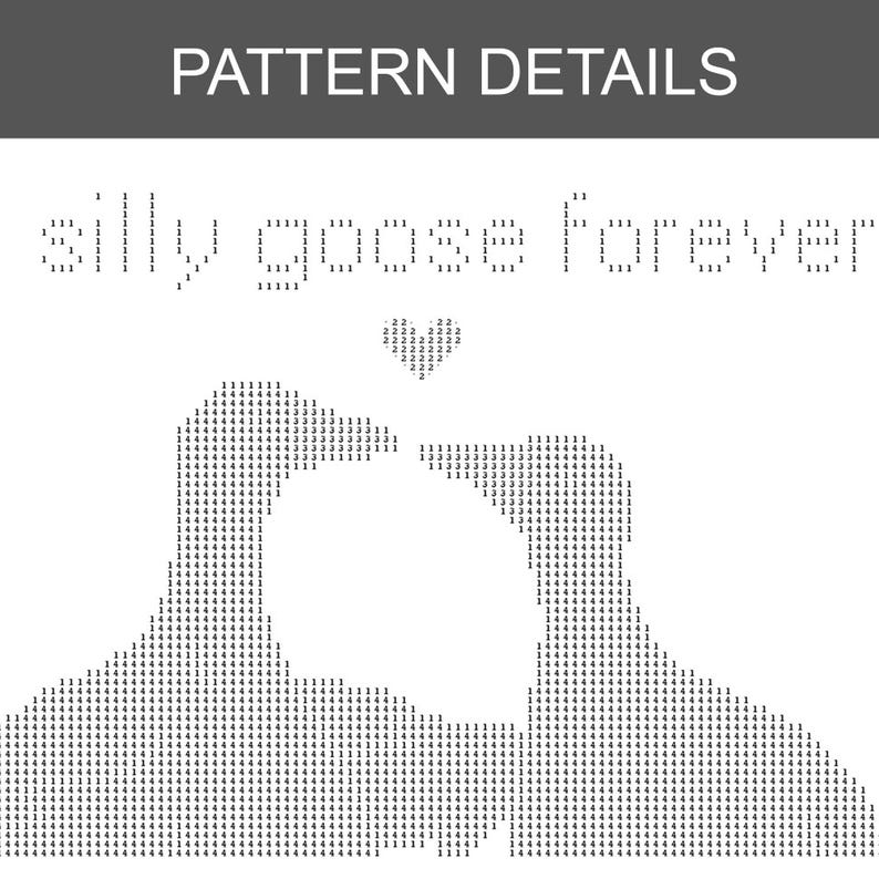 May include: A black and white graphic with the text "PATTERN DETAILS" at the top. Below, the phrase "silly goose forever" is written in a dotted font. A heart and two figures are also formed with dotted patterns.
