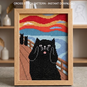 K&ouml;nnte beinhalten: Ein Kreuzstichmuster mit dem Titel CROSS STITCH PATTERN - INSTANT DOWNLOAD, das eine schwarze Katze mit den Pfoten im Gesicht in einer an den Schrei erinnernden Pose vor einer Br&uuml;cke, blauem Wasser und einem rot-orange-gelben Himmel zeigt.
