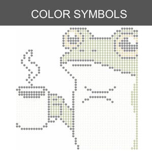 Puede incluir: Un patr&oacute;n de punto de cruz titulado COLOR SYMBOLS que presenta un dise&ntilde;o en cuadr&iacute;cula de una rana sosteniendo una taza humeante. El patr&oacute;n utiliza s&iacute;mbolos negros y verde oliva para delinear la cabeza, el cuerpo y la taza sobre un fondo blanco.