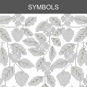May include: A cross stitch pattern chart titled SYMBOLS featuring a repeating design of leaves and circular shapes. The pattern is composed of black numbers 1, 2, 4, 6, 7, and 8 arranged on a white background to indicate specific thread colors.