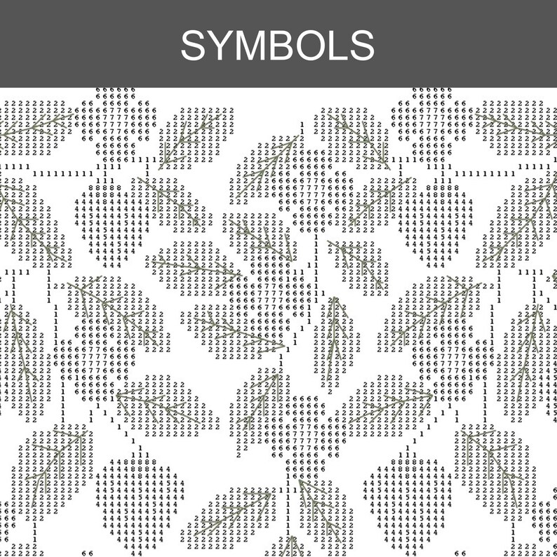 May include: A cross stitch pattern chart titled SYMBOLS featuring a repeating design of leaves and circular shapes. The pattern is composed of black numbers 1, 2, 4, 6, 7, and 8 arranged on a white background to indicate specific thread colors.
