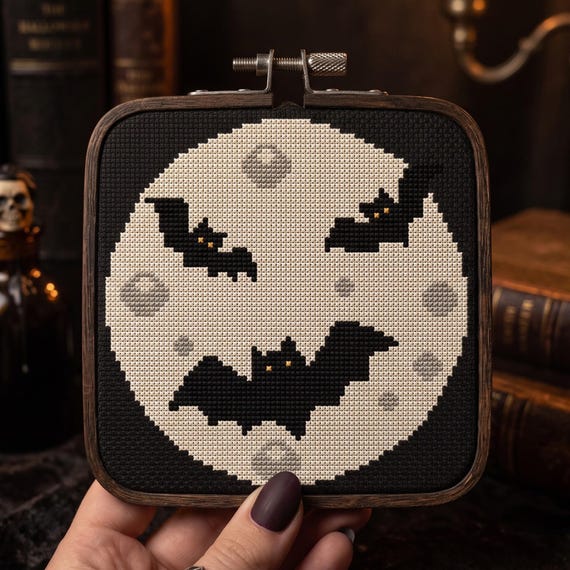 Bat Cross Stitch Pattern PDF, Full Moon Gothic Bat Xstitch, Spooky Night Halloween, Digital Download