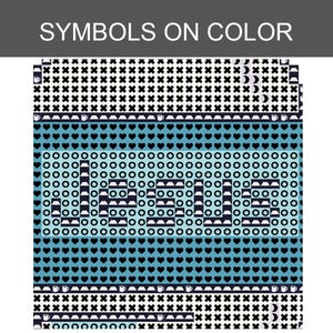 Puede incluir: Un patr&oacute;n de punto de cruz titulado SYMBOLS ON COLOR que presenta un dise&ntilde;o repetitivo de corazones negros, peque&ntilde;as tazas de caf&eacute; y cruces sobre un fondo azul claro. La palabra jesus est&aacute; centrada en una fuente oscura de formas geom&eacute;tricas.
